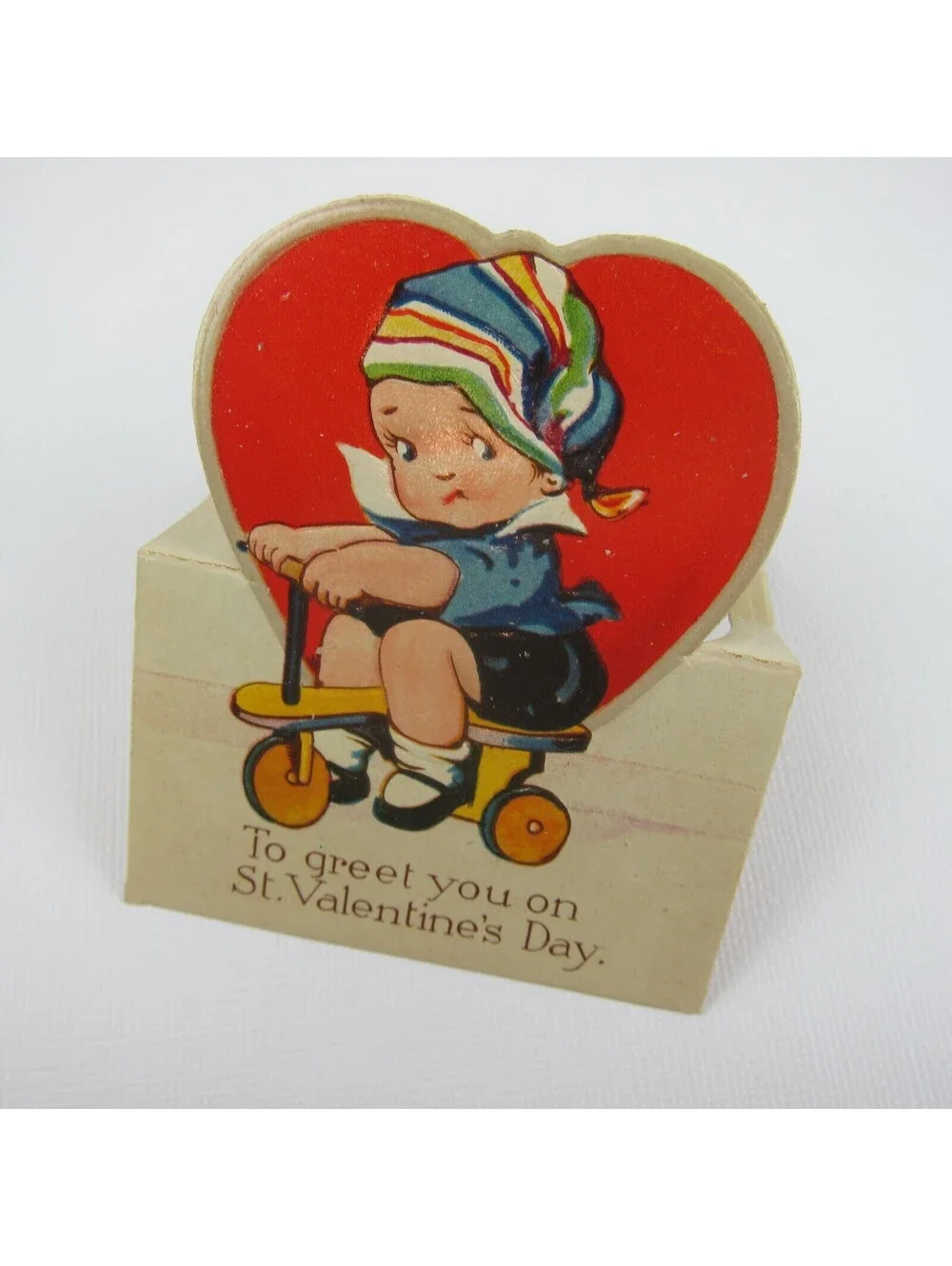Vintage Valentine Card Cutout Stand Up Boy Cap Riding Tricycle Bavaria UNSIGNED